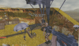 Screenshot of players parachuting on the map Iwo Jima in Firearms 1